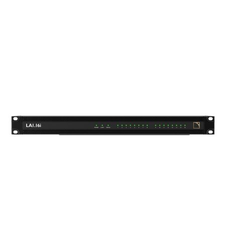 Mặt trước của Bộ khuếch đại 16 kênh L-Acoustics LA1.16i, DSP Gen.5 Dual SHARC, công suất tối đa 16x160W, hỗ trợ Milan-AVB, AES67, AES/EBU, analog, lý tưởng cho lắp đặt âm thanh chuyên nghiệp.