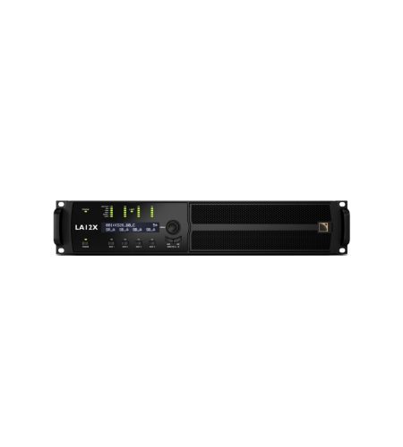 Mặt trước của Amplified controller 4 kênh L-Acoustics LA12X, DSP Dual SHARC, công suất 4x3300W, hỗ trợ Milan-AVB, AES/EBU, analog, speakON, CA-COM, lý tưởng cho âm thanh chuyên nghiệp.