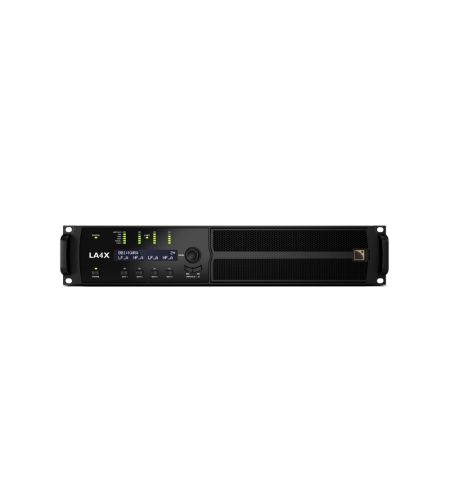 Mặt trước Bộ khuếch đại 4 kênh L-Acoustics LA4X tích hợp DSP, công suất 4x1000W, hỗ trợ analog, AES/EBU, Milan-AVB, lý tưởng cho âm thanh chuyên nghiệp.