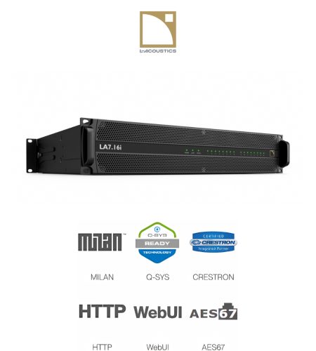 Amplified controller 16 kênh L-Acoustics LA7.16i, DSP Gen.5 Dual SHARC, công suất 16x1300W, hỗ trợ Milan-AVB, AES67, AES/EBU, analog, terminal block, lý tưởng cho lắp đặt âm thanh chuyên nghiệp.