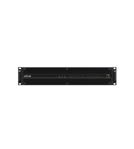 Mặt trước của Amplified controller 16 kênh L-Acoustics LA7.16i, DSP Gen.5 Dual SHARC, công suất 16x1300W, hỗ trợ Milan-AVB, AES67, AES/EBU, analog, terminal block, lý tưởng cho lắp đặt âm thanh chuyên nghiệp.