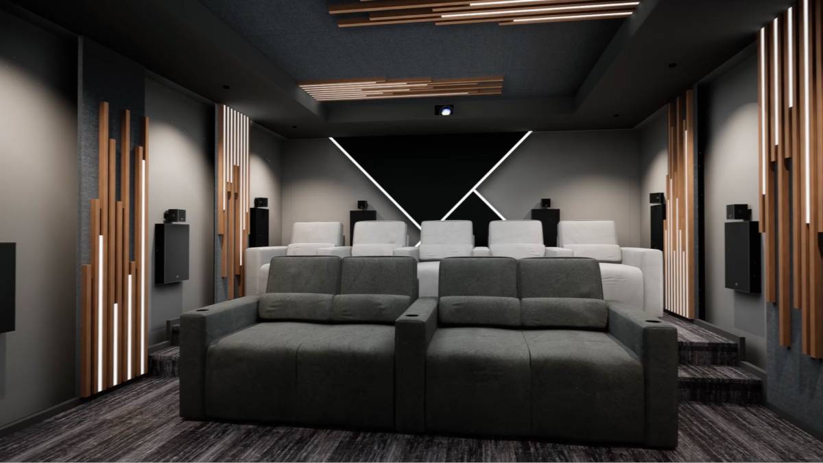 Thiết kế rạp chiếu phim riêng tư với ánh sáng ấm, loa L-Acoustics ẩn và nội thất tối giản