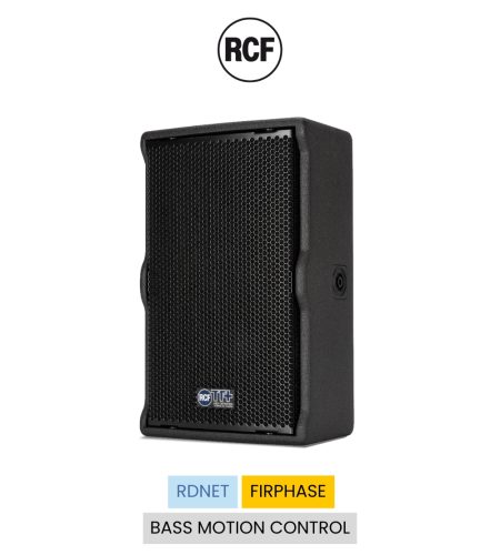 Loa full-range RCF TT 10-A 10" active 2-way với công suất 1000W, tích hợp DSP và RDNet, thiết kế nhỏ gọn cho ứng dụng di động và cài đặt.