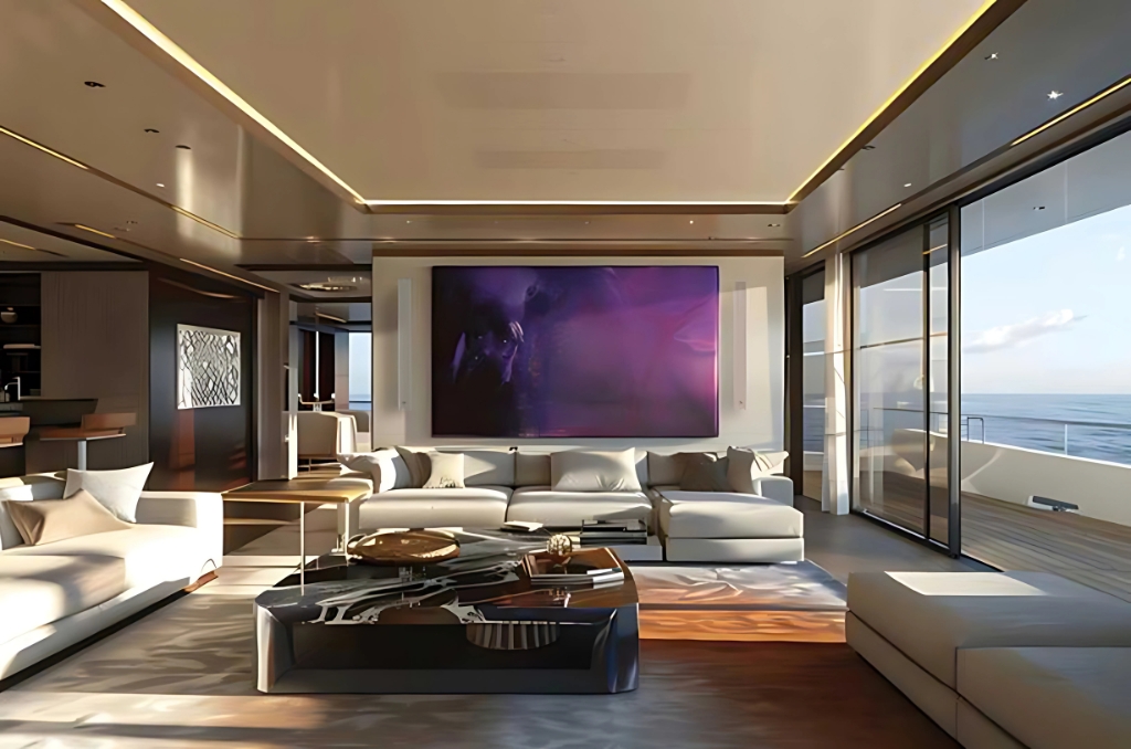Phòng khách du thuyền rộng rãi, hiện đại với hệ thống âm thanh đỉnh cao L-Acoustics – sẵn sàng cho mọi sự kiện giải trí trên biển.